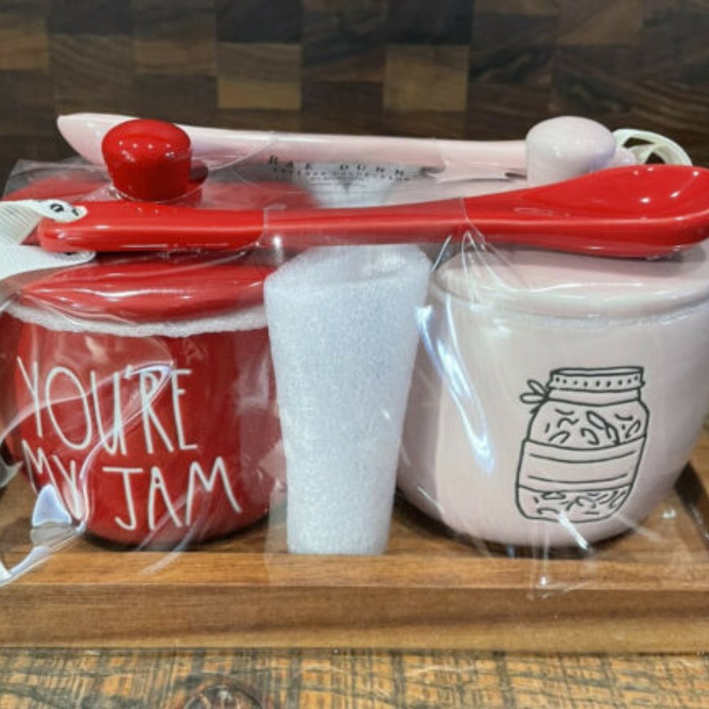 New In Box | Rae Dunn “You're My Jam” w/Wood Condiment Tray & Ceramic Spoons